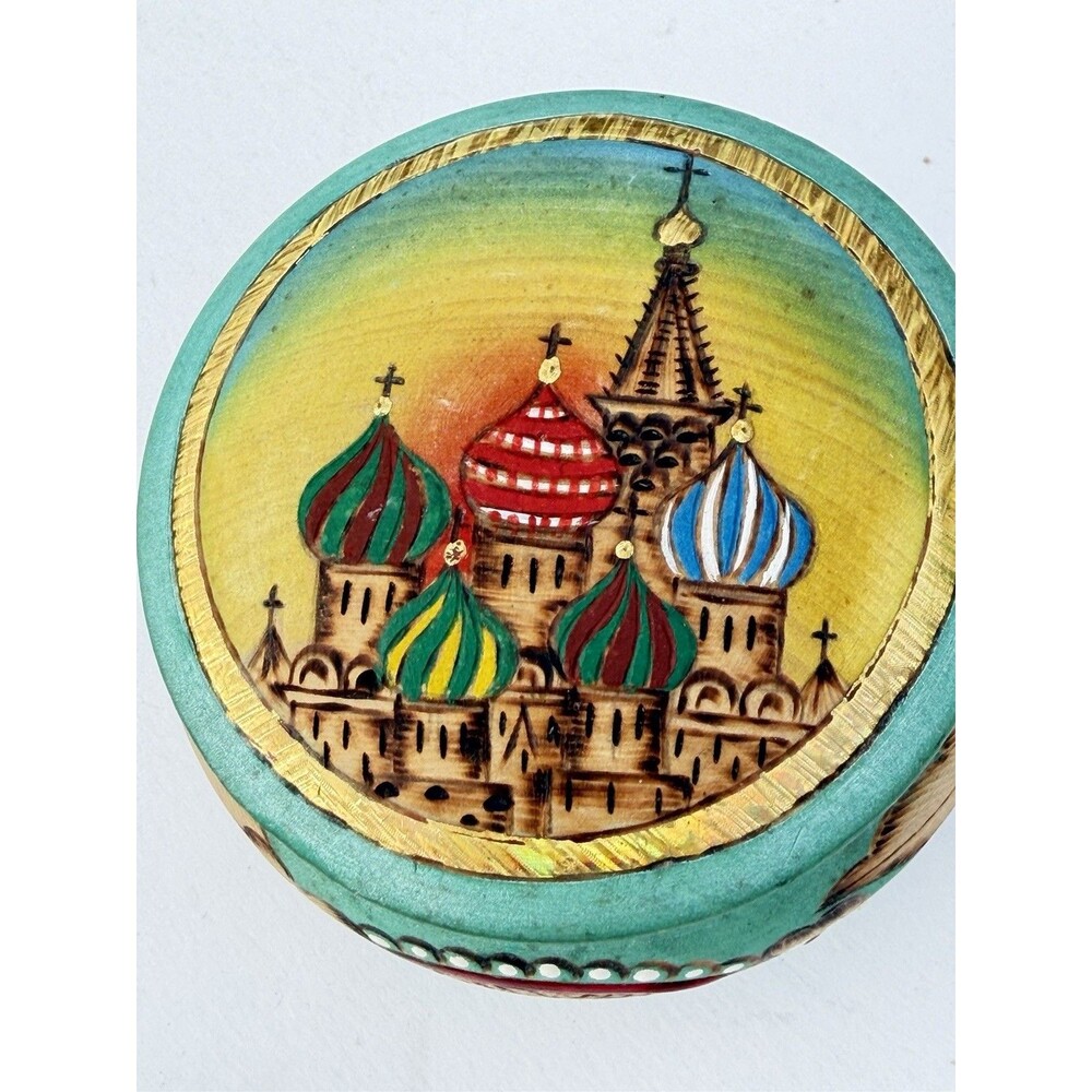 Vintage Hand-Painted Russian St.Basil's Cathedral Wooden TrinketBox